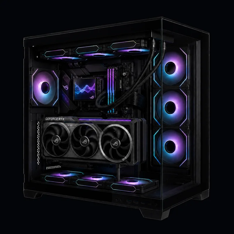 Visual illustrativo GamingBross: PC panoramico acceso, ventole RGB arcobaleno e display personalizzato sul dissipatore
