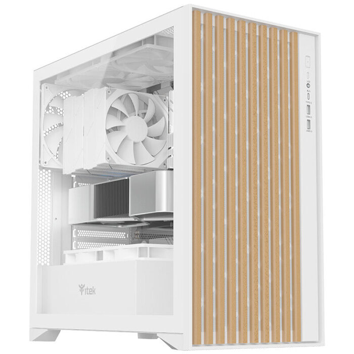 Case WOODY – Gaming Tower- ATX- 3x14cm White fan- 2xUSB3- Type-C- Wood Front- Temp Glass Side Panel- White Edtion