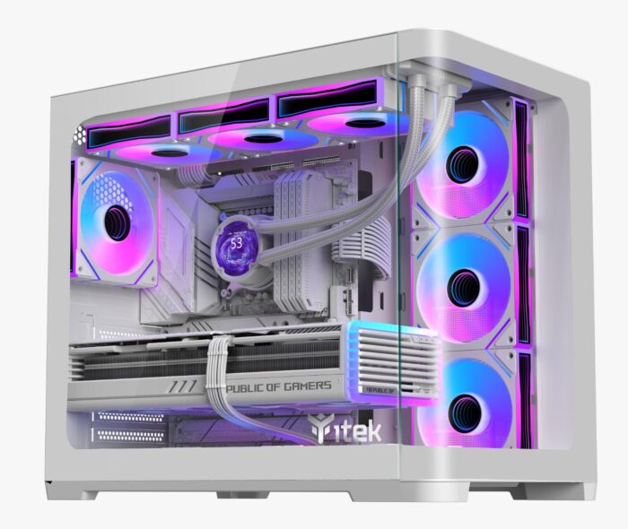 Case DARK CAVE CURVED – Gaming Tower- ATX- 4x12cm ARGB fan- 2xUSB3- Type-C- Curved Temp Glass Side & Front Panel- White Edition