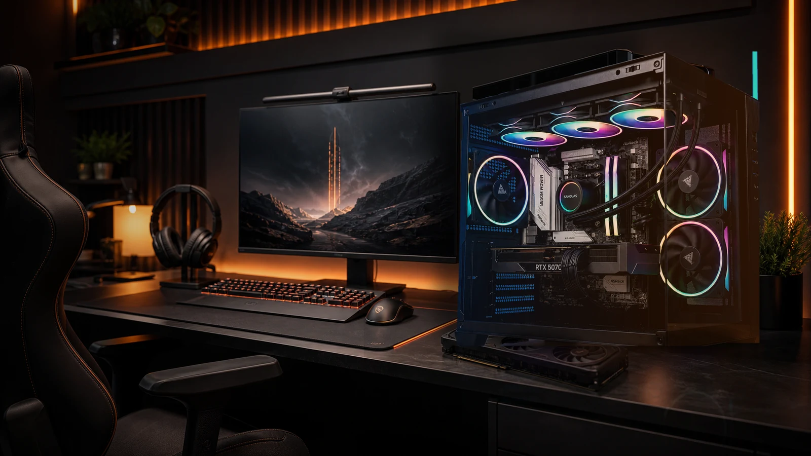 Postazione gamer realistica con PC GamingBross BROSS TITAN RTX 5070 Ti reale e illuminazione RGB
