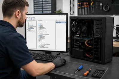 Banco di prova illustrativo con PC desktop e schermata Gestione dispositivi senza dati del cliente